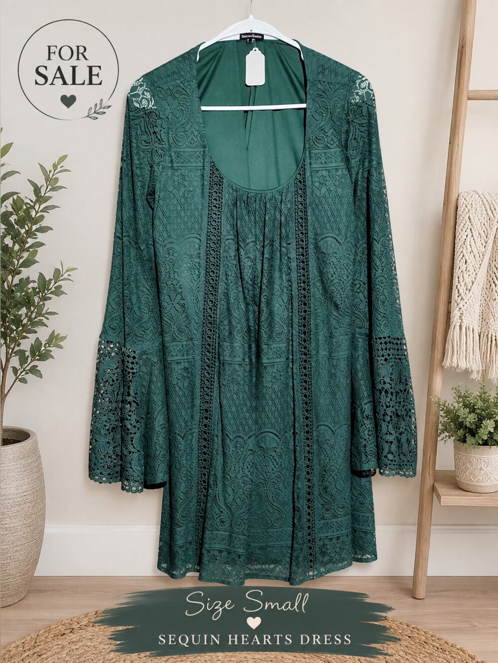 Sequin Hearts Emerald Green Lace Long Sleeve Dress